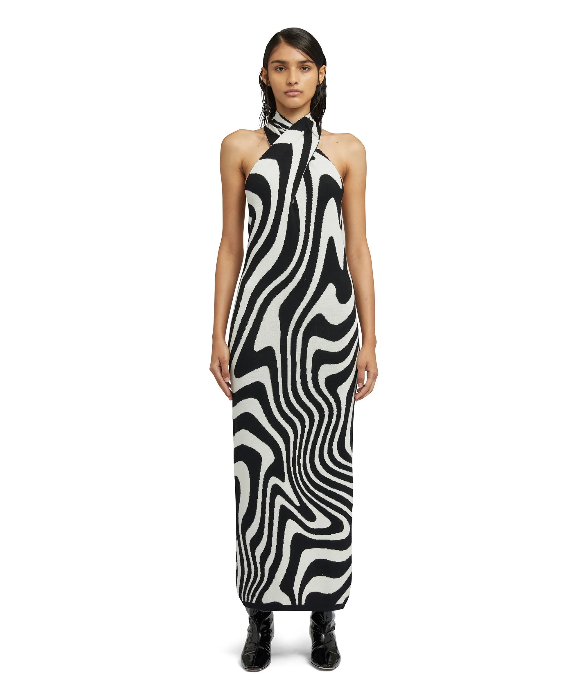 Midi dress with "Illusion Waves" print in pure wool