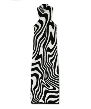 Midi dress with "Illusion Waves" print in pure wool