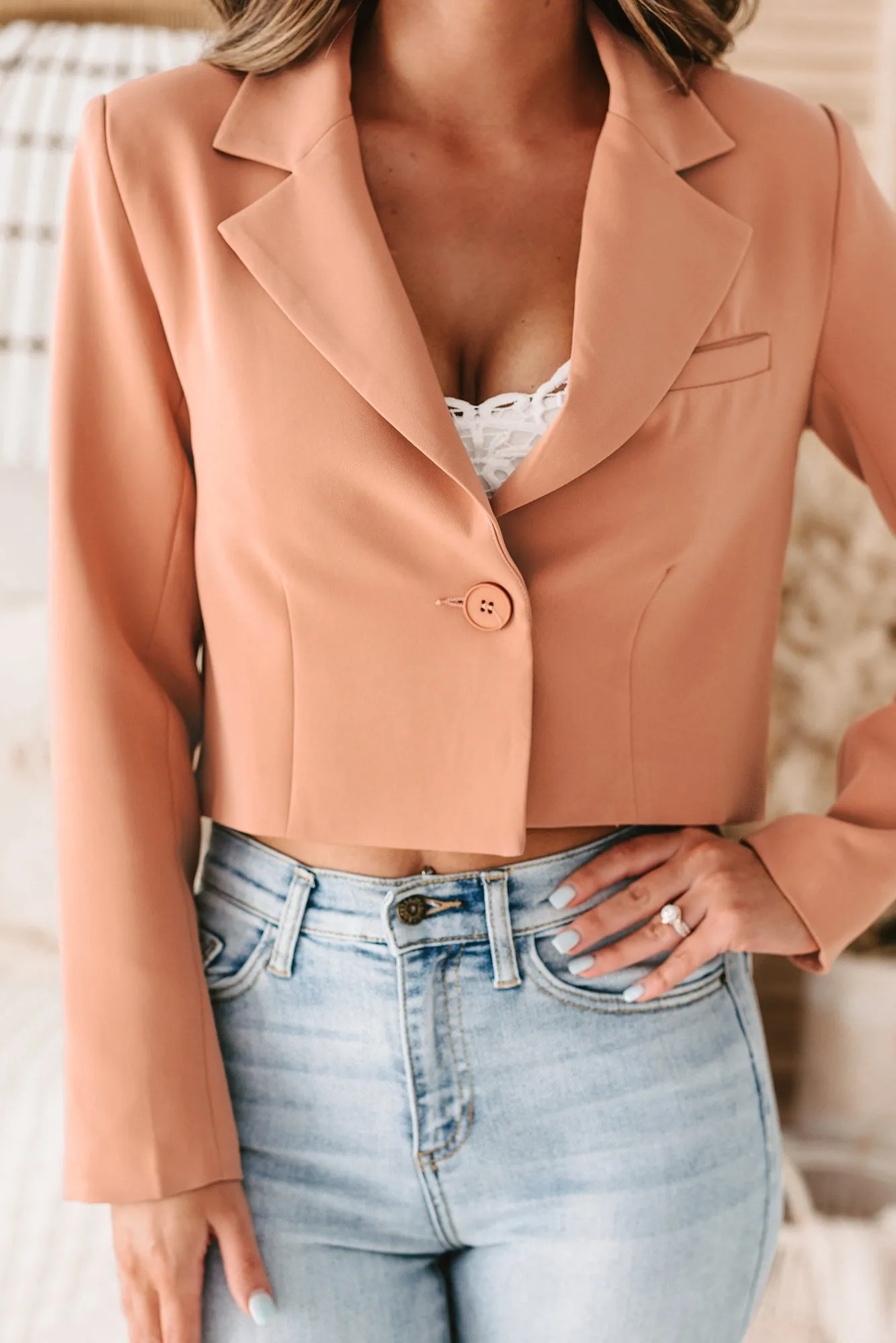 Miss Punctuality Padded Shoulder Cropped Blazer (Apricot)