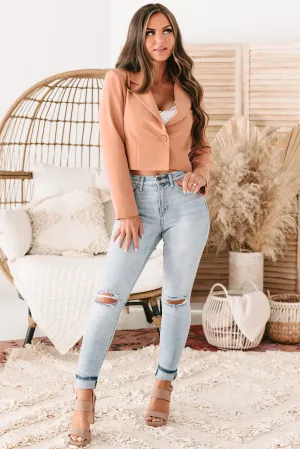 Miss Punctuality Padded Shoulder Cropped Blazer (Apricot)