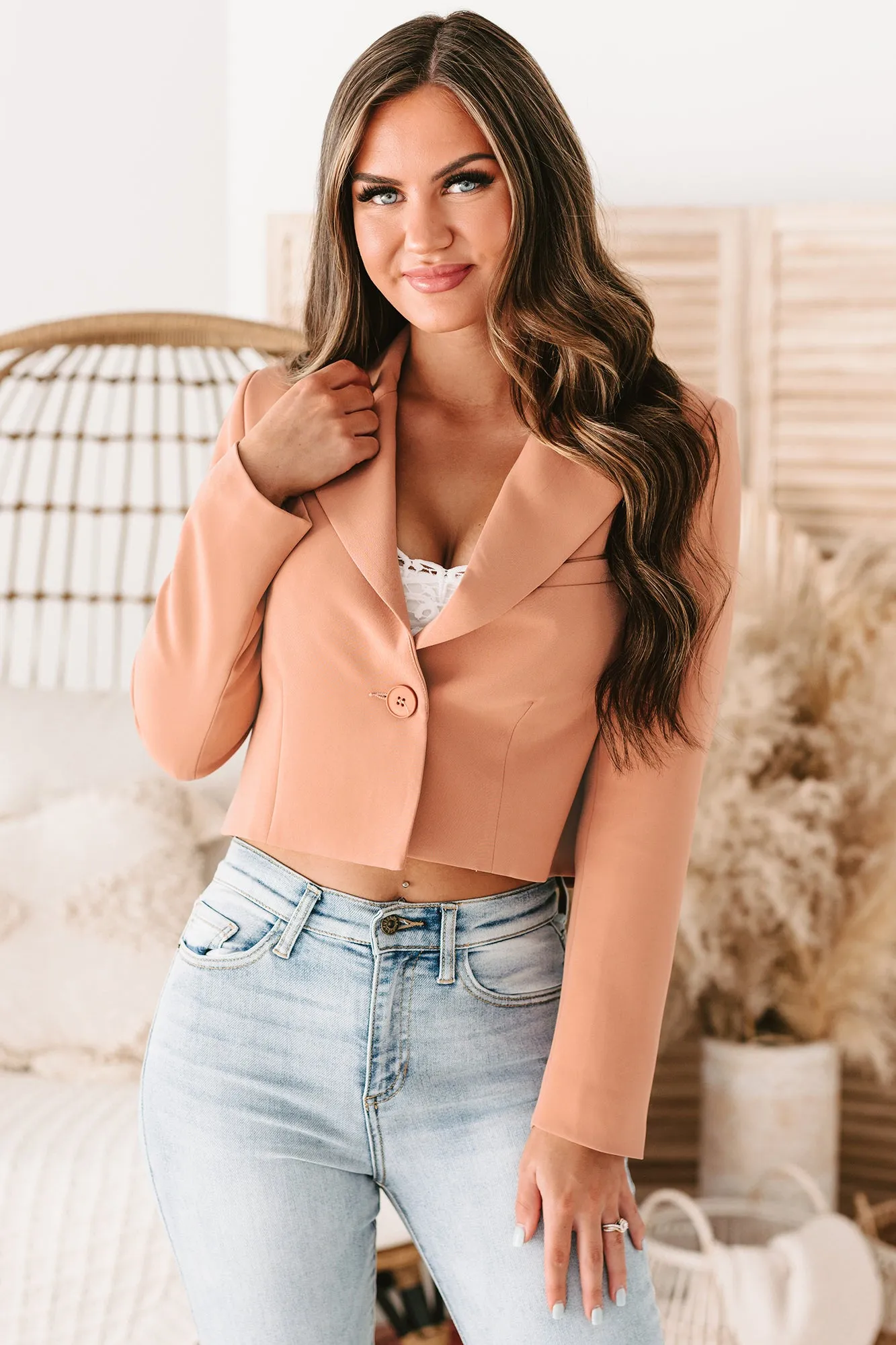 Miss Punctuality Padded Shoulder Cropped Blazer (Apricot)