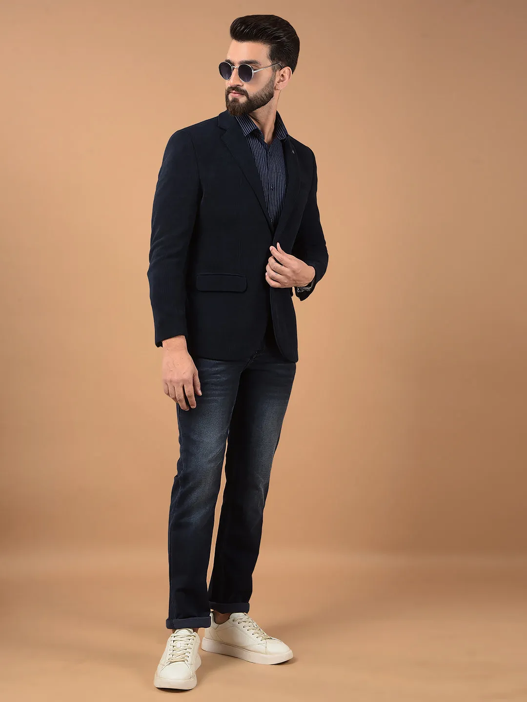 Navy Blue Printed Notched Lapel Single Breasted Blazer