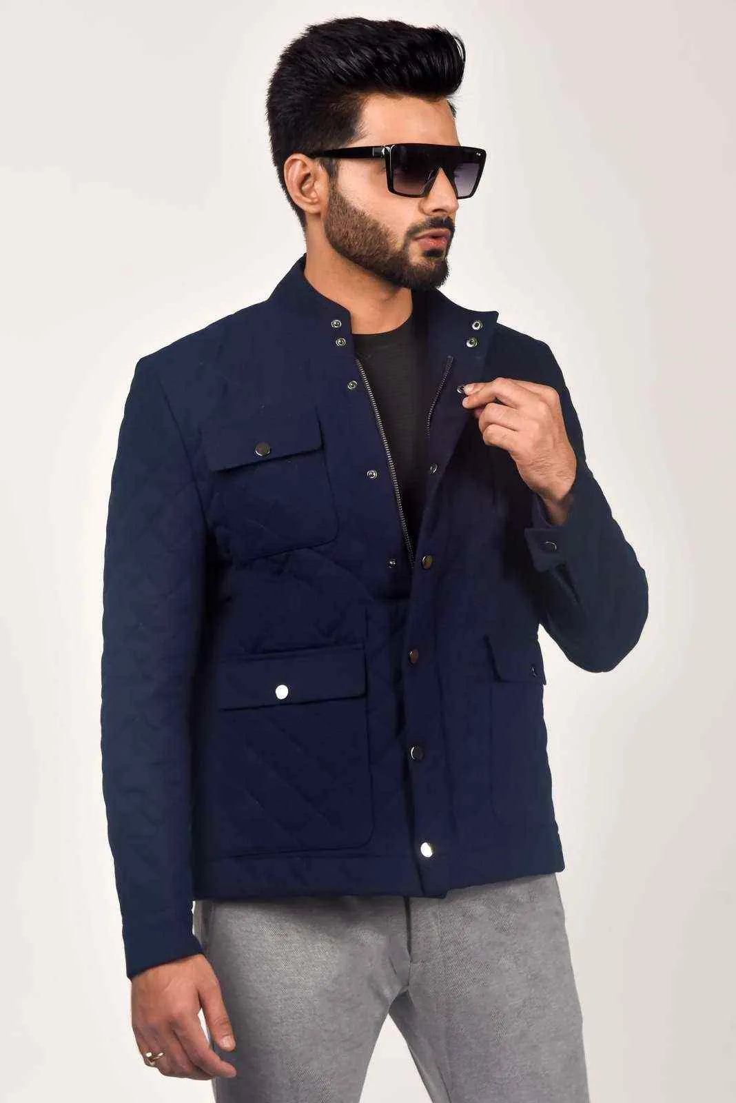 Navy Quilted Zipper Jacket