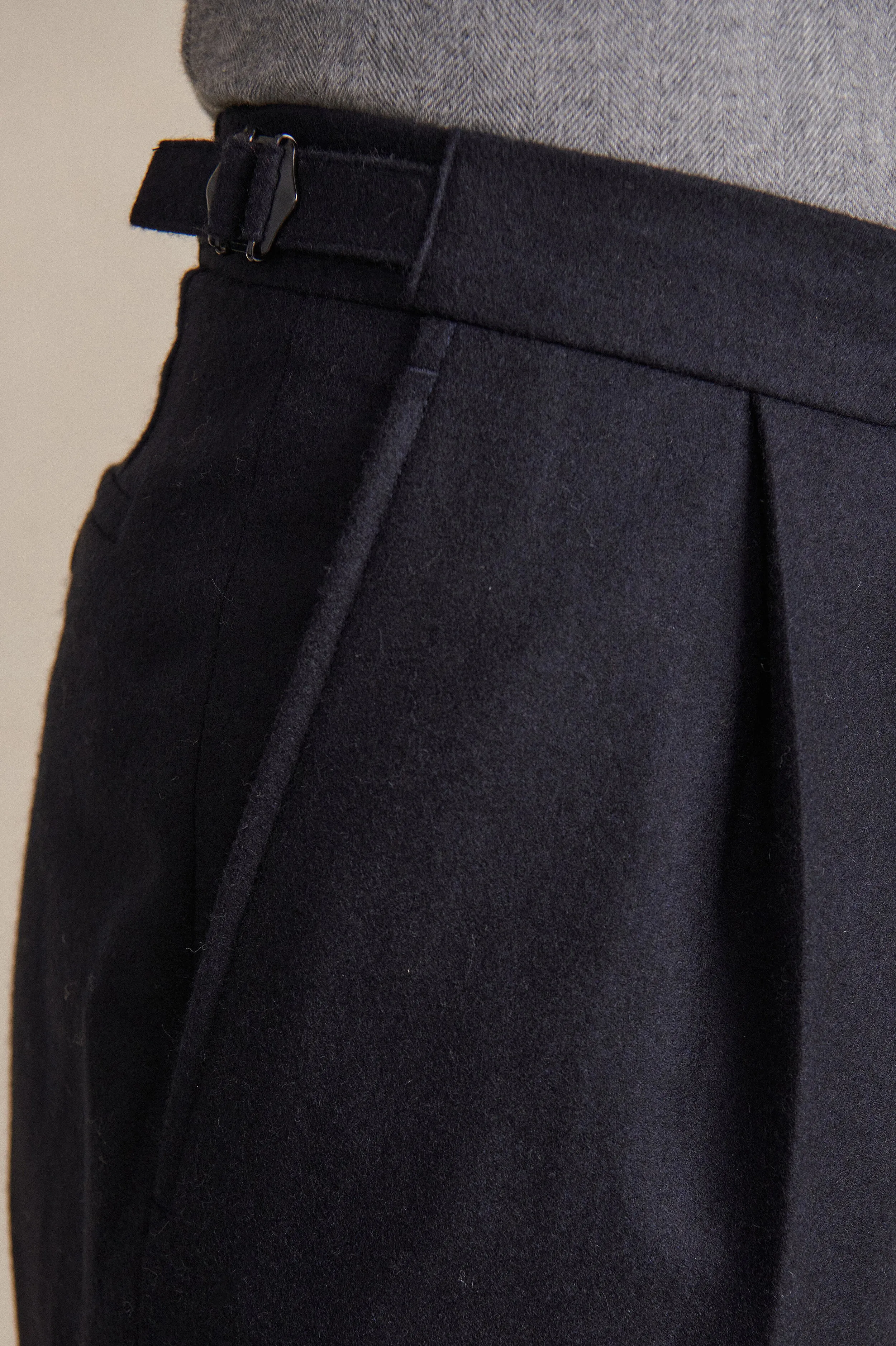 Navy Single Pleat Flannel Trousers