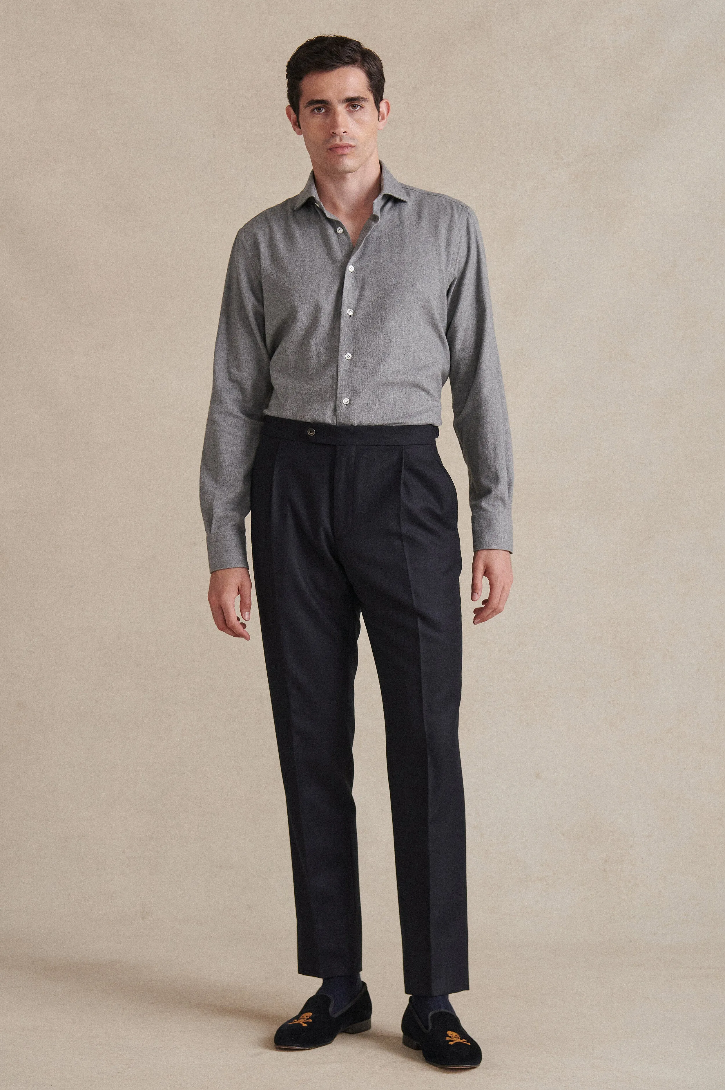 Navy Single Pleat Flannel Trousers