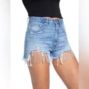 NWT BLUE REVIVAL Nash Vegas High Rise Frayed Denim Shorts Bling Festival Size 25