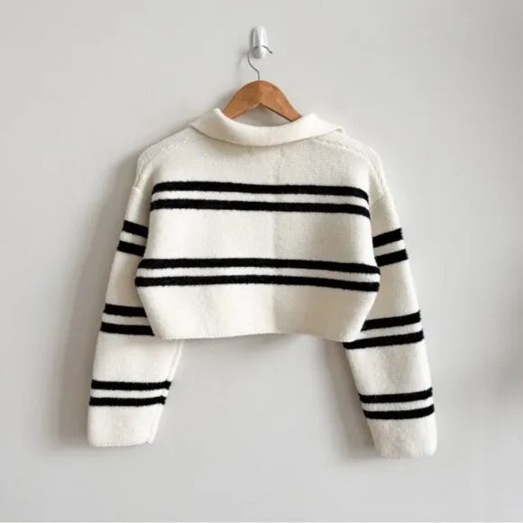OAK   FORT • Collared Striped Sweater in Cream Black Stripe • XS