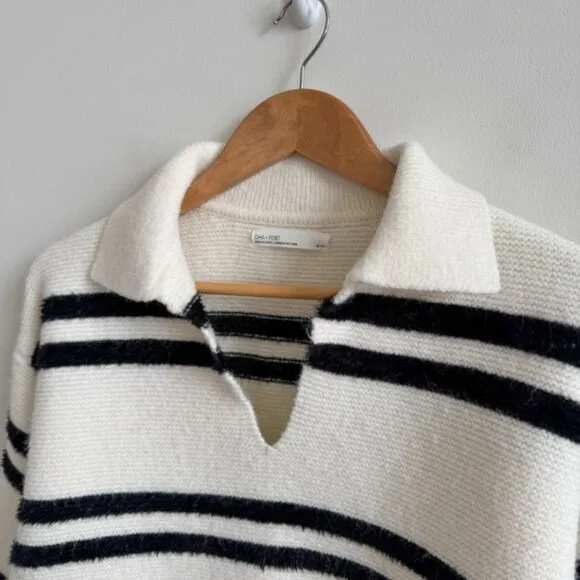 OAK   FORT • Collared Striped Sweater in Cream Black Stripe • XS