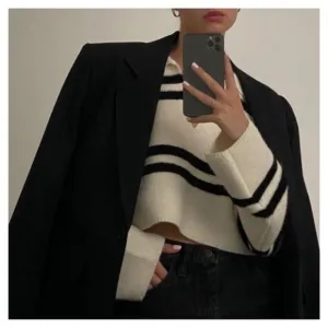 OAK   FORT • Collared Striped Sweater in Cream Black Stripe • XS