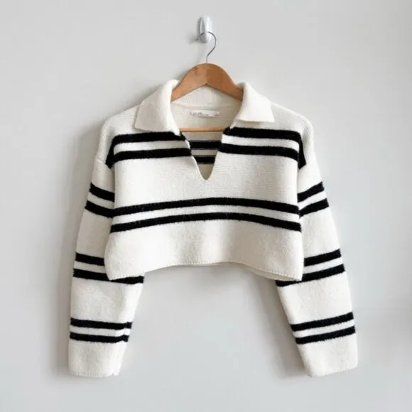 OAK   FORT • Collared Striped Sweater in Cream Black Stripe • XS