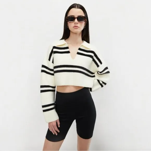 OAK   FORT • Collared Striped Sweater in Cream Black Stripe • XS