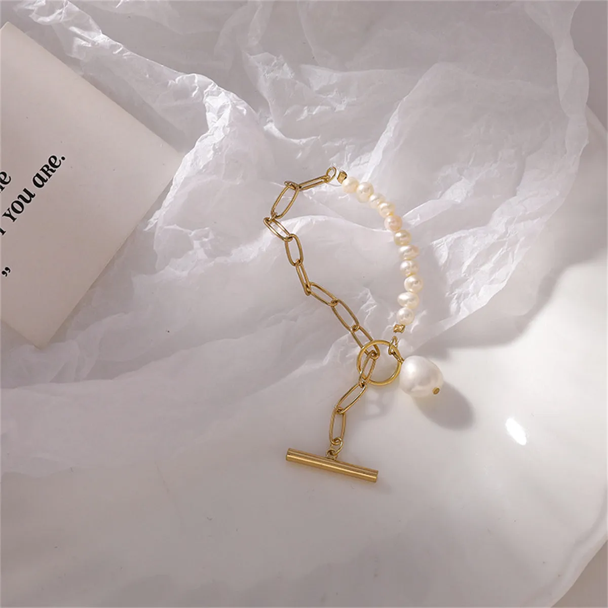 Pearl & 18K Gold-Plated Asymmetrical Chain Toggle Bracelet