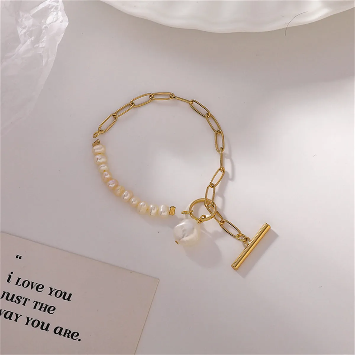 Pearl & 18K Gold-Plated Asymmetrical Chain Toggle Bracelet