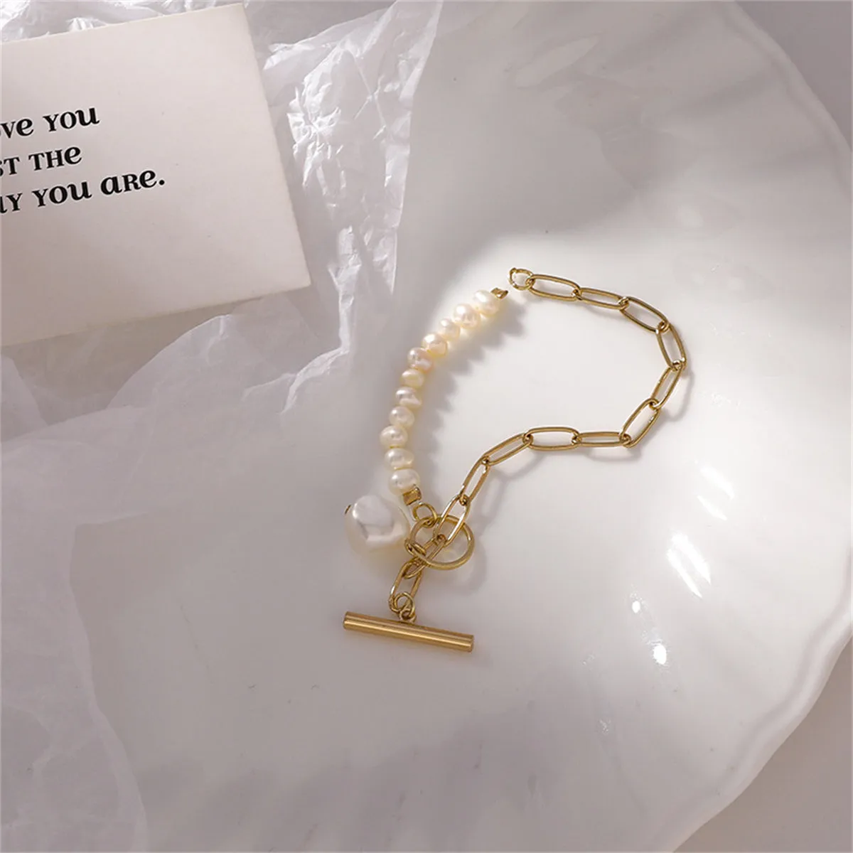 Pearl & 18K Gold-Plated Asymmetrical Chain Toggle Bracelet