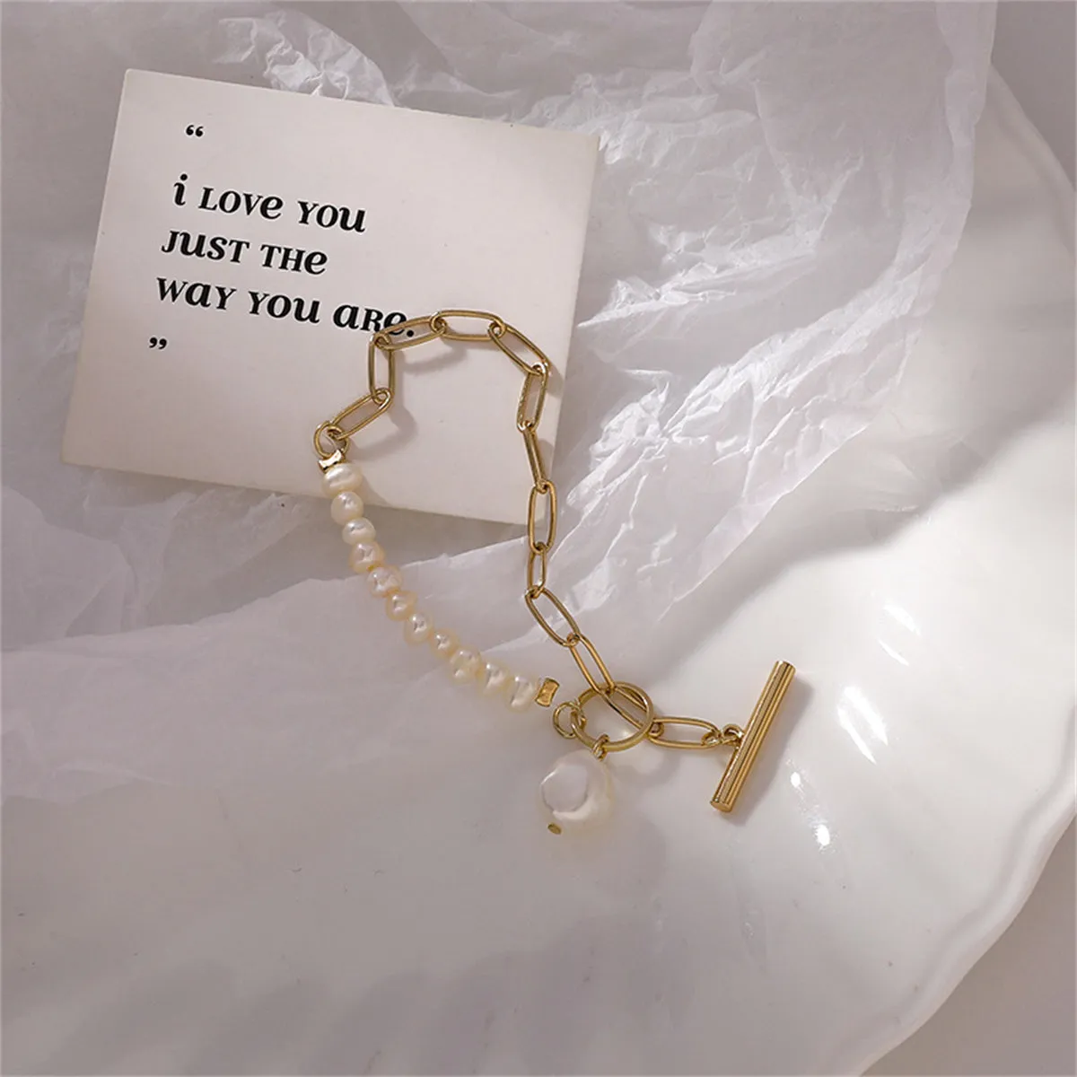 Pearl & 18K Gold-Plated Asymmetrical Chain Toggle Bracelet