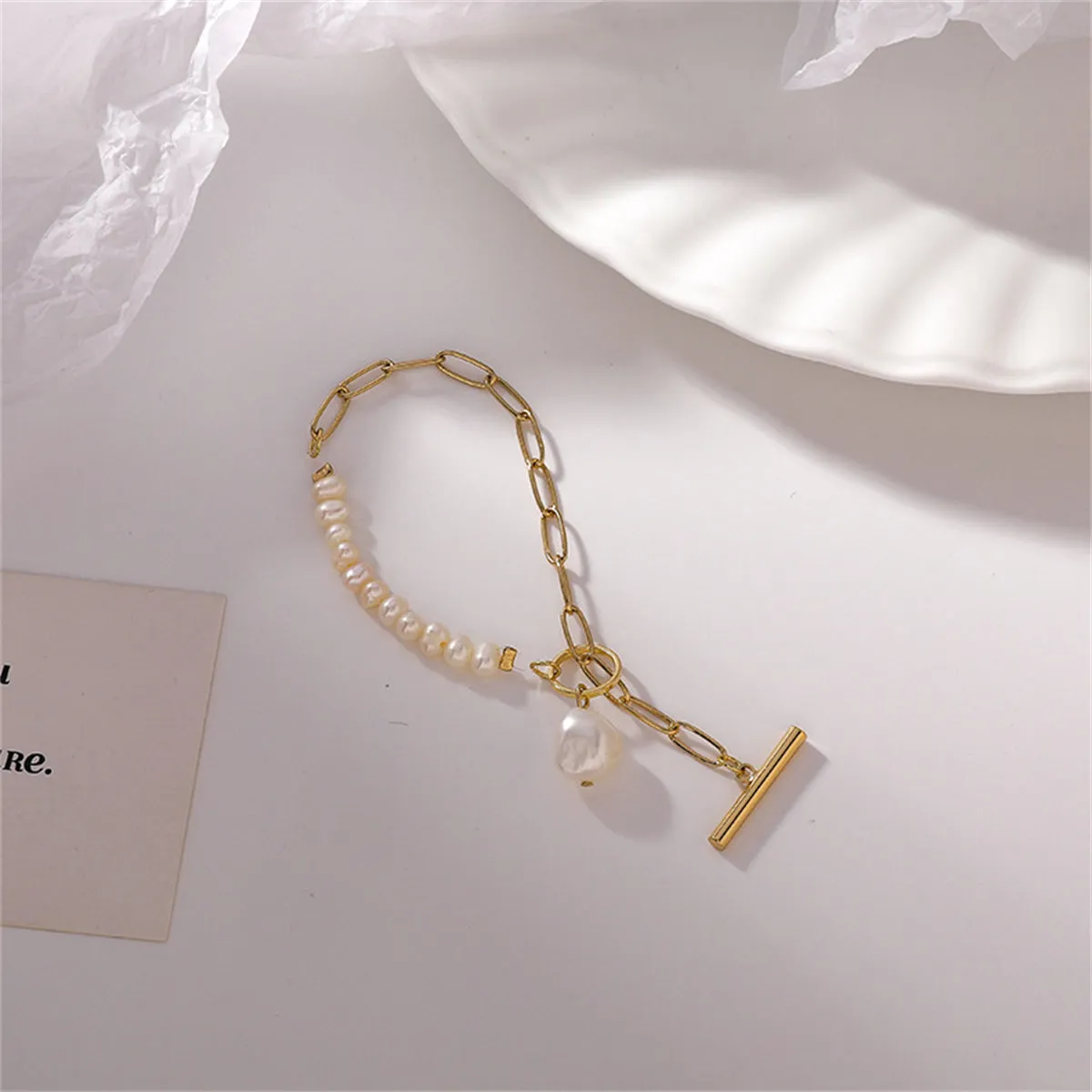 Pearl & 18K Gold-Plated Asymmetrical Chain Toggle Bracelet