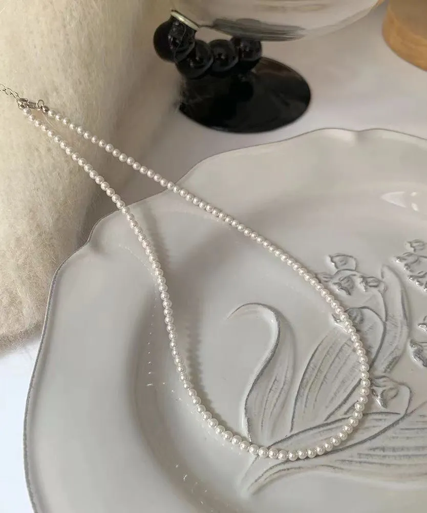 peopleterritory Chic White Sterling Silver Pearl Gratuated Bead Necklac Two Piece Set DF1021
