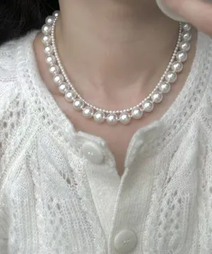 peopleterritory Chic White Sterling Silver Pearl Gratuated Bead Necklac Two Piece Set DF1021