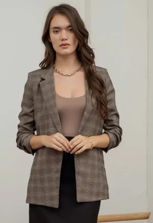Plaid Ruched 3/4 Sleeve Blazer