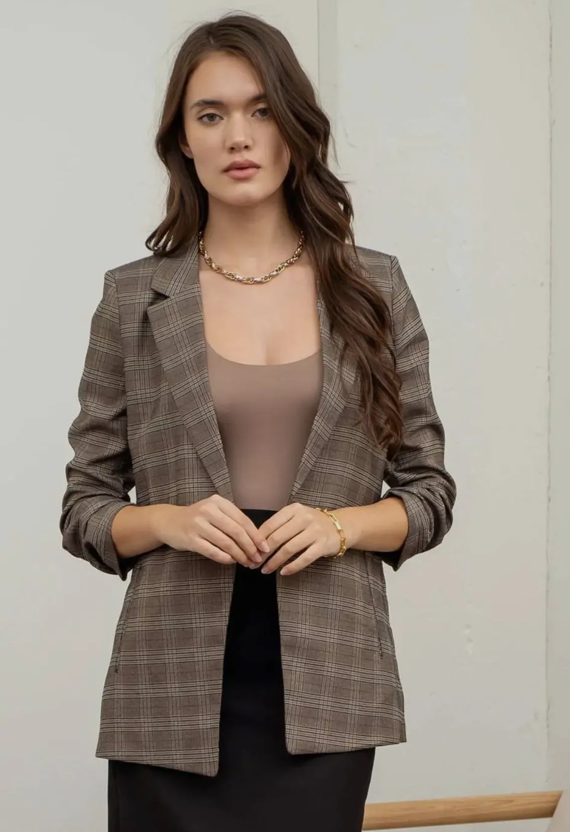 Plaid Ruched 3/4 Sleeve Blazer