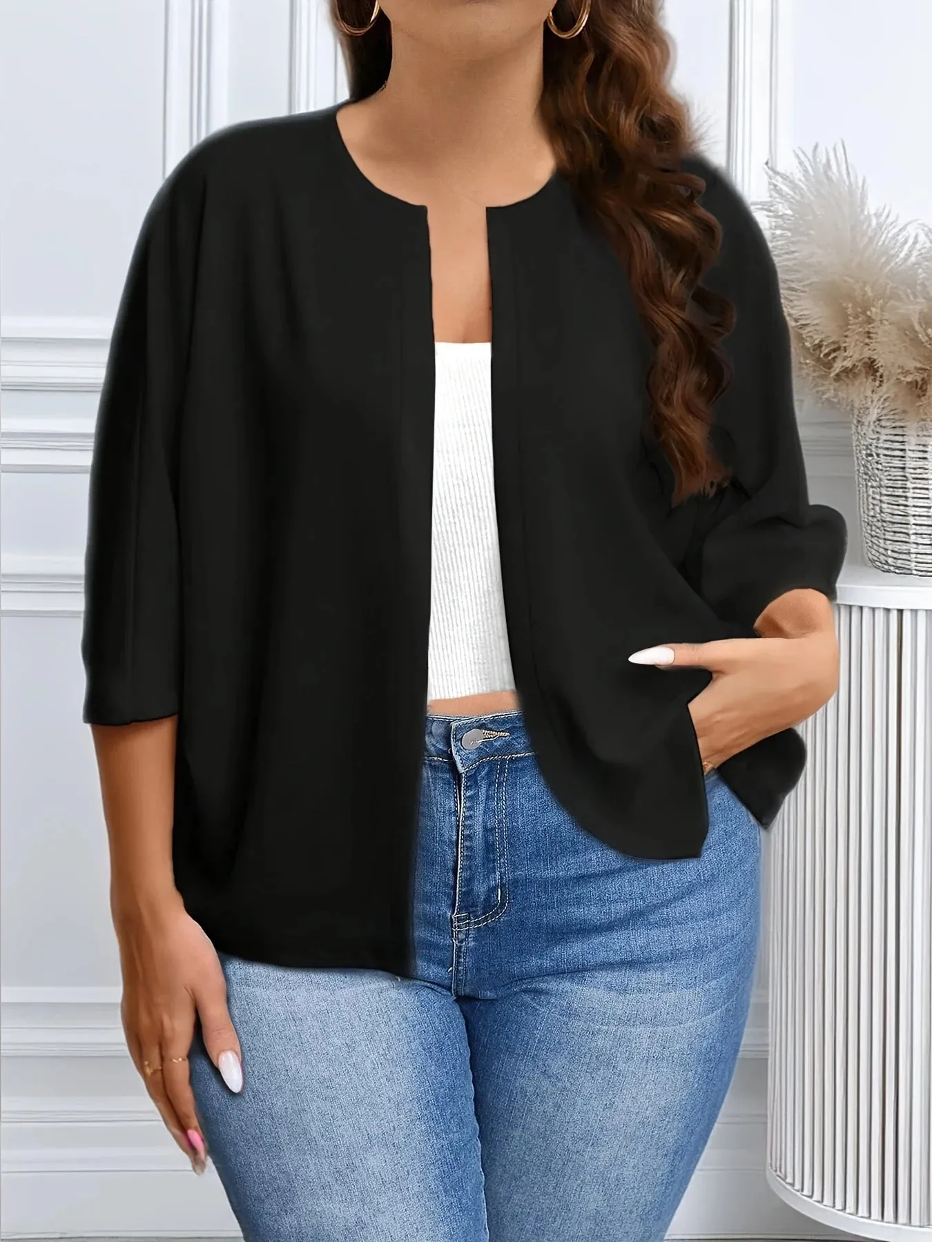 Plus Size Open Front Cardigan Lightweight 3/4 Sleeve Casual