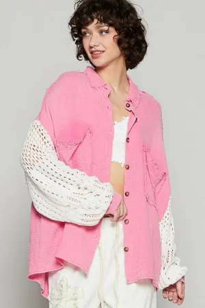 POL Gauze Button Down Shirt - Deep Rose