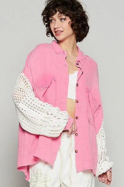 POL Gauze Button Down Shirt - Deep Rose
