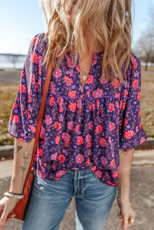 Purple Floral Half Sleeve Split Neck Blouse Top