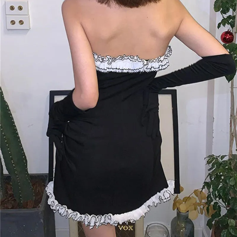 "BLACK WHITE RUFFLES LACE STRAPLESS" DRESS (WITH GLOVES) UB2465