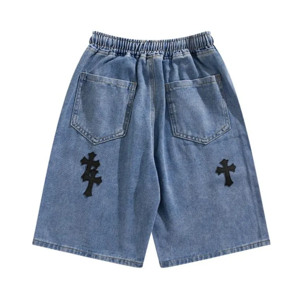 "Urban Cross Embroidery Denim" Shorts