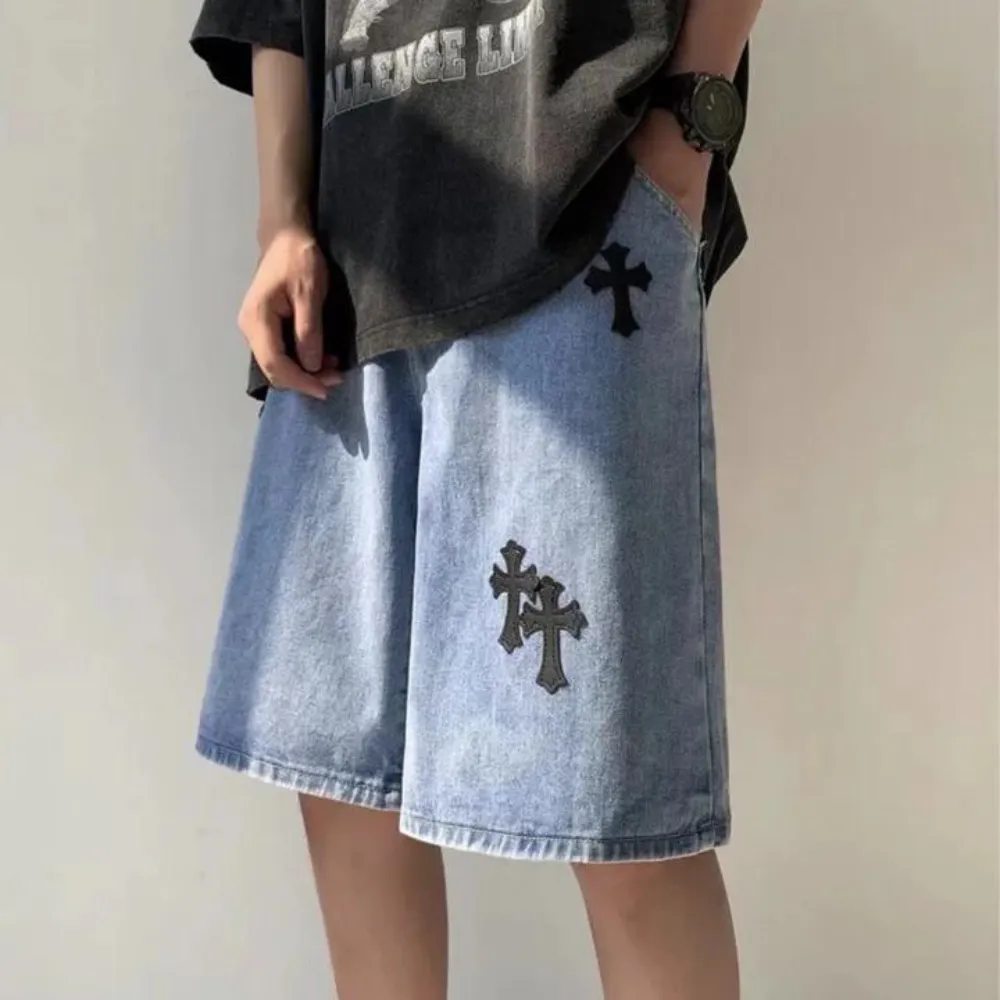 "Urban Cross Embroidery Denim" Shorts