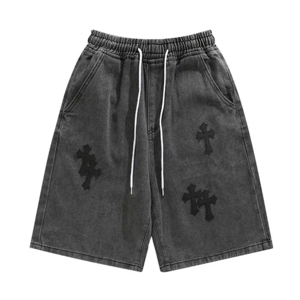 "Urban Cross Embroidery Denim" Shorts