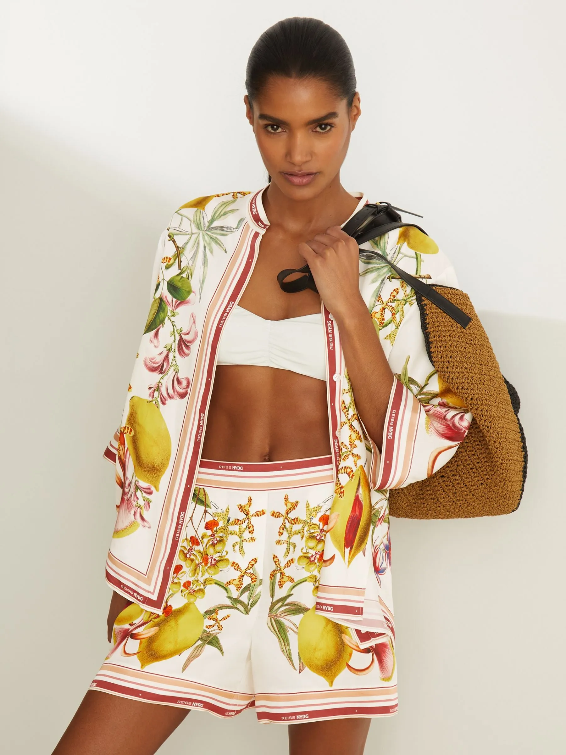 Reiss Reiss | NYBG Satin Floral-Print Shorts in Ivory