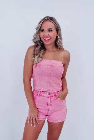 Remington Rhinestone Denim Short Set - Pink