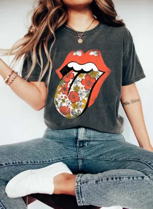 Retro Lips Rock & Roll T-Shirt Black