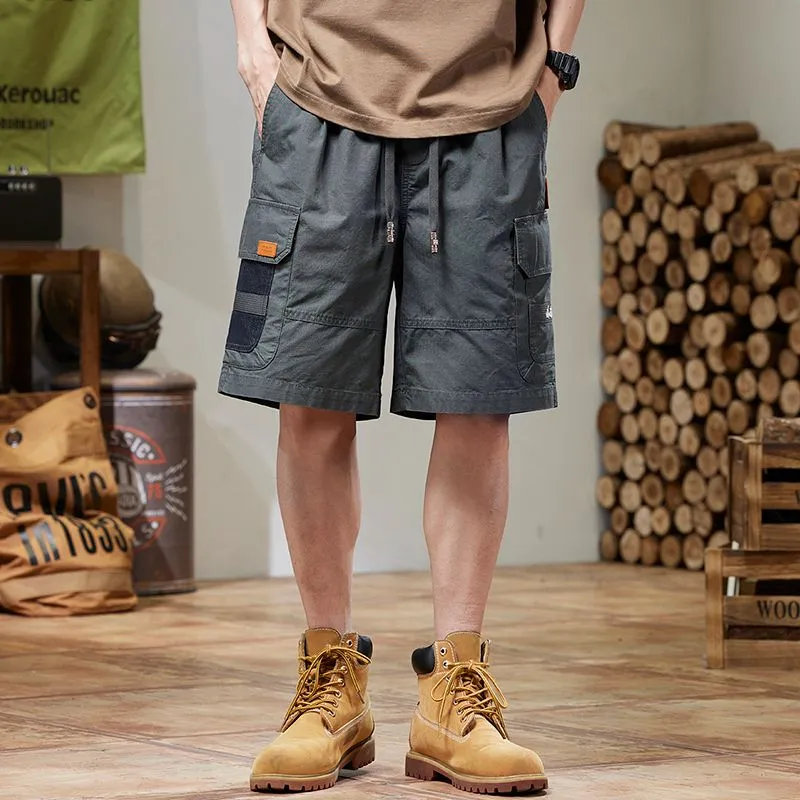 Retro Style Men's Cargo Shorts with Breathable Cotton and Drawstring Waist