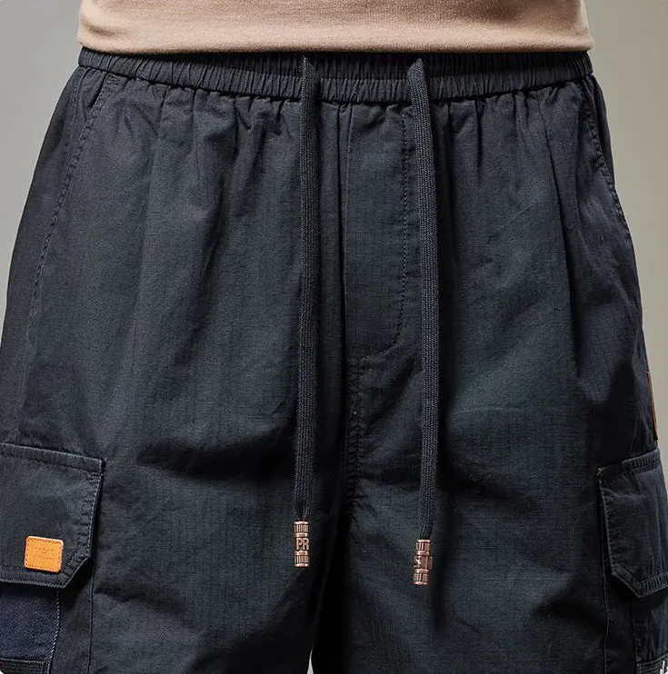 Retro Style Men's Cargo Shorts with Breathable Cotton and Drawstring Waist
