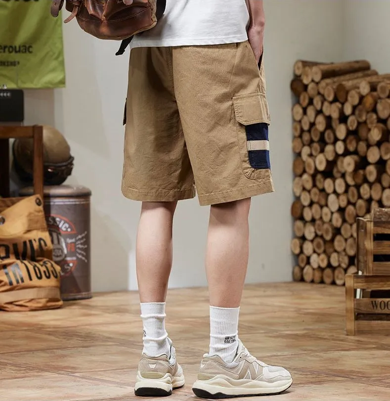 Retro Style Men's Cargo Shorts with Breathable Cotton and Drawstring Waist