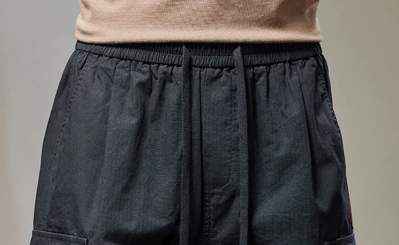 Retro Style Men's Cargo Shorts with Breathable Cotton and Drawstring Waist