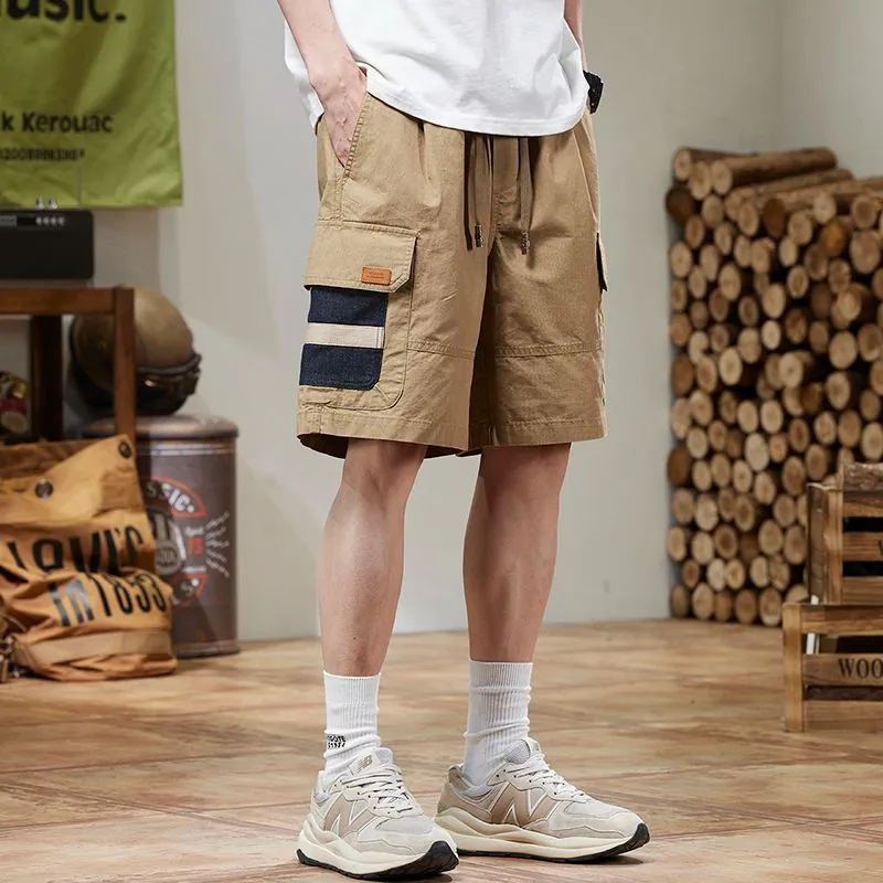 Retro Style Men's Cargo Shorts with Breathable Cotton and Drawstring Waist
