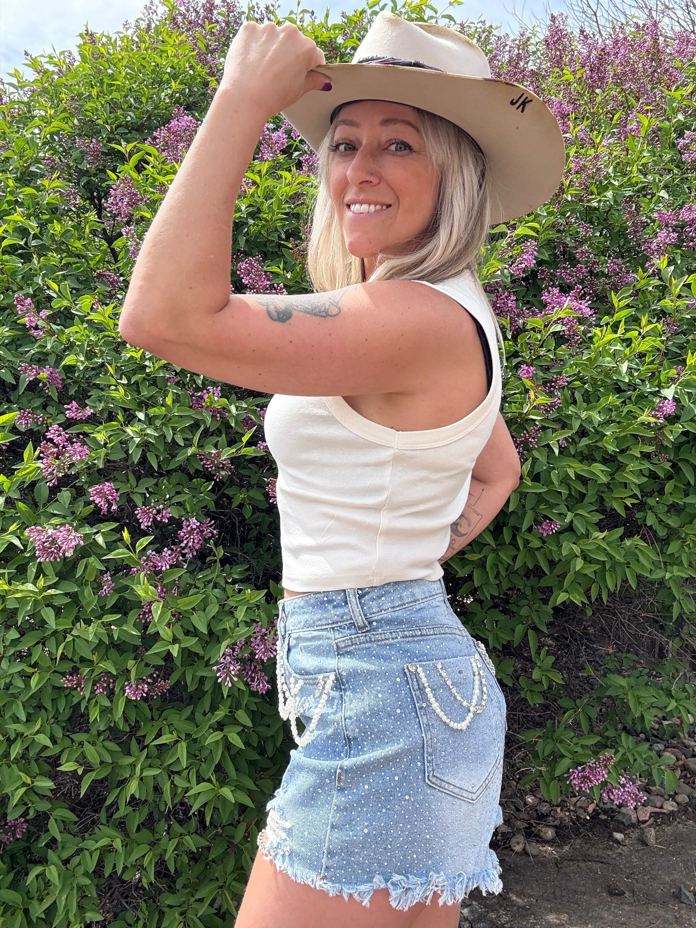 Rhinestone & Pearl Denim Shorts