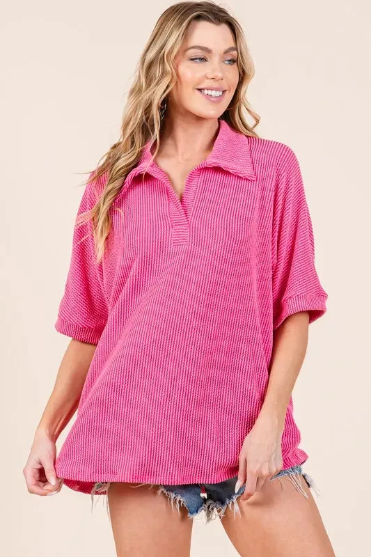 Ribbed Collared Neck Top For Women – Elegant Ribbed Texture Oversized Cozy Polo-Style Blouse for Layering, Casual, or Business Casual Outfits