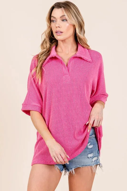 Ribbed Collared Neck Top For Women – Elegant Ribbed Texture Oversized Cozy Polo-Style Blouse for Layering, Casual, or Business Casual Outfits