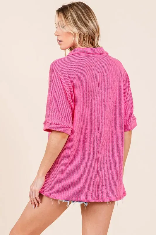 Ribbed Collared Neck Top For Women – Elegant Ribbed Texture Oversized Cozy Polo-Style Blouse for Layering, Casual, or Business Casual Outfits