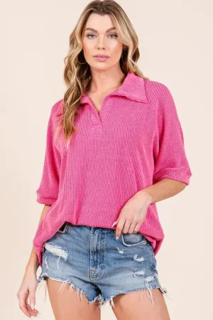 Ribbed Collared Neck Top For Women – Elegant Ribbed Texture Oversized Cozy Polo-Style Blouse for Layering, Casual, or Business Casual Outfits