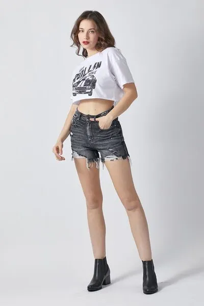 RISEN Full Size High Rise Distressed Denim Shorts ONLINE EXCLUSIVE