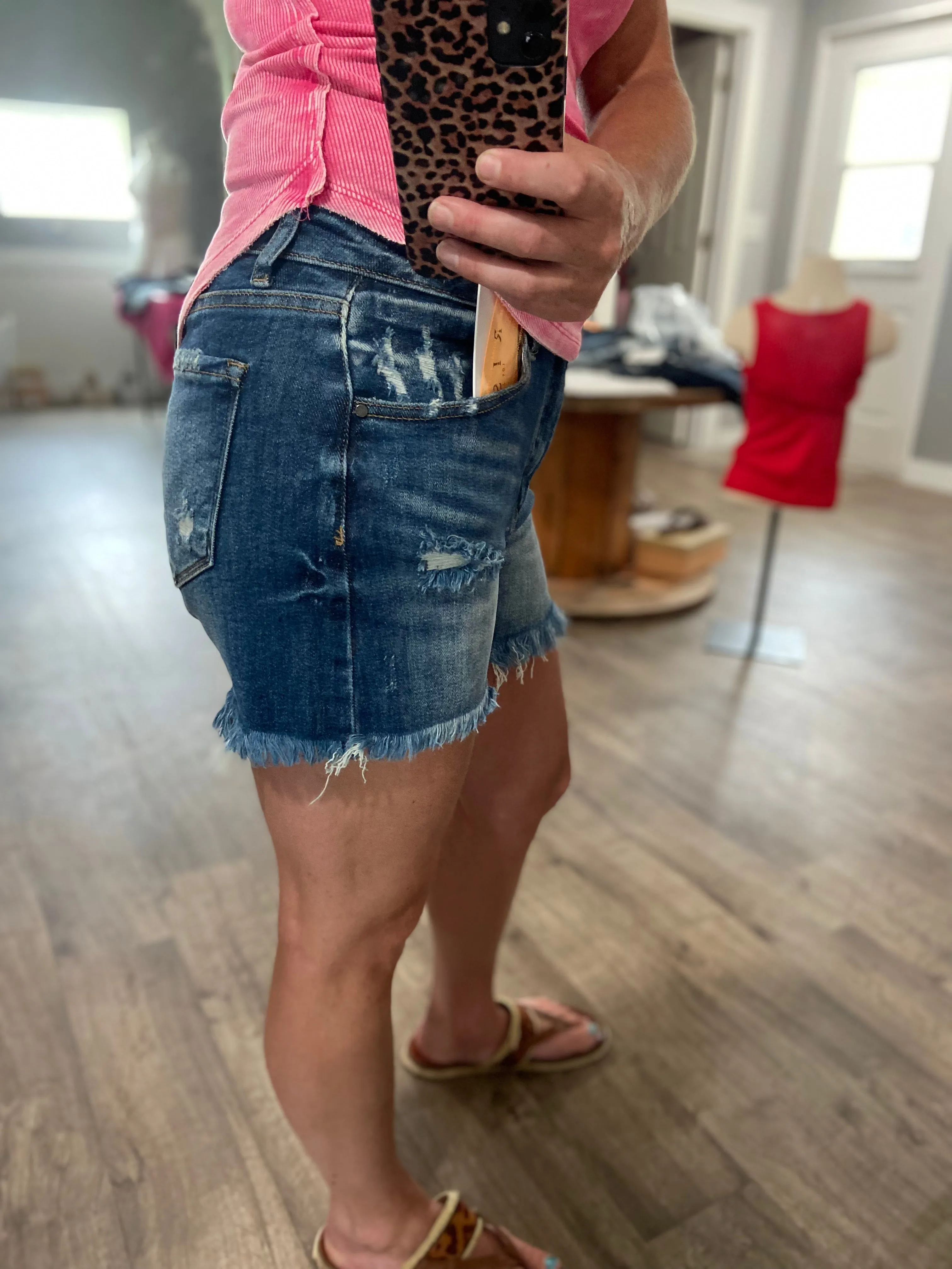 Risen High Rise Shorts - medium wash