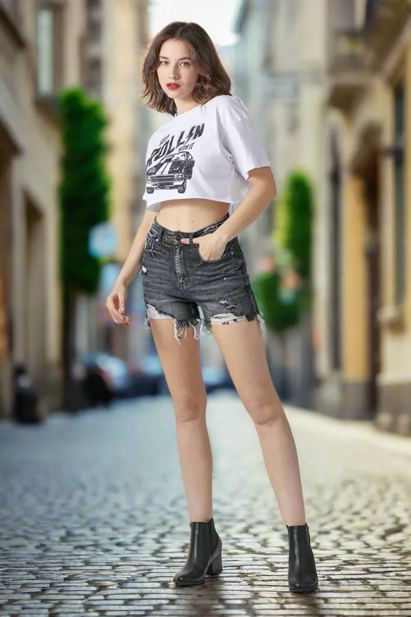 RISEN High Waist Distressed Denim Shorts for Women | Stylish and Edgy Summer Wear