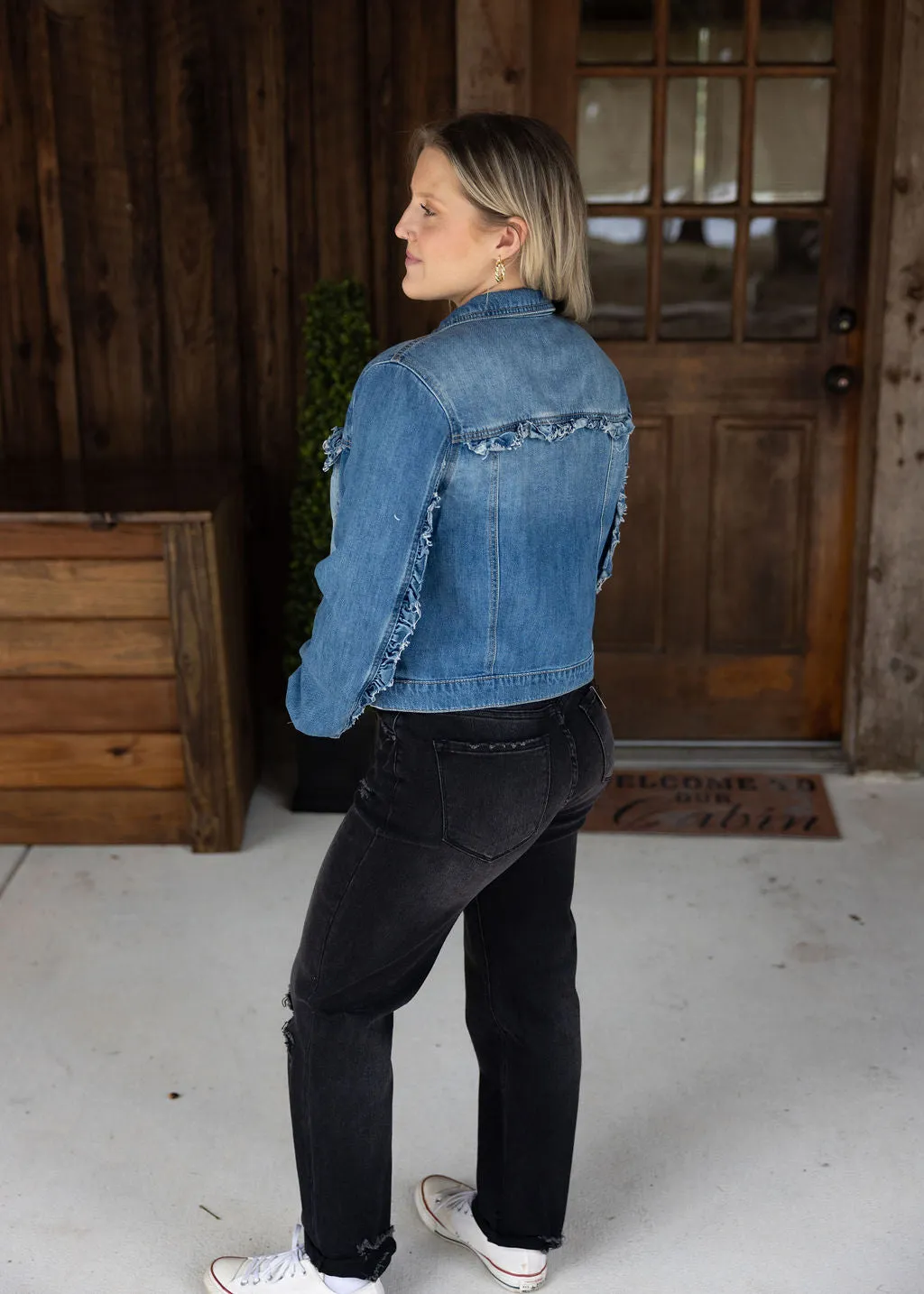 Risen Ruffled Dark Wash Jean Jacket