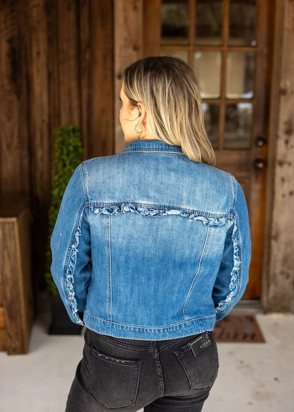 Risen Ruffled Dark Wash Jean Jacket
